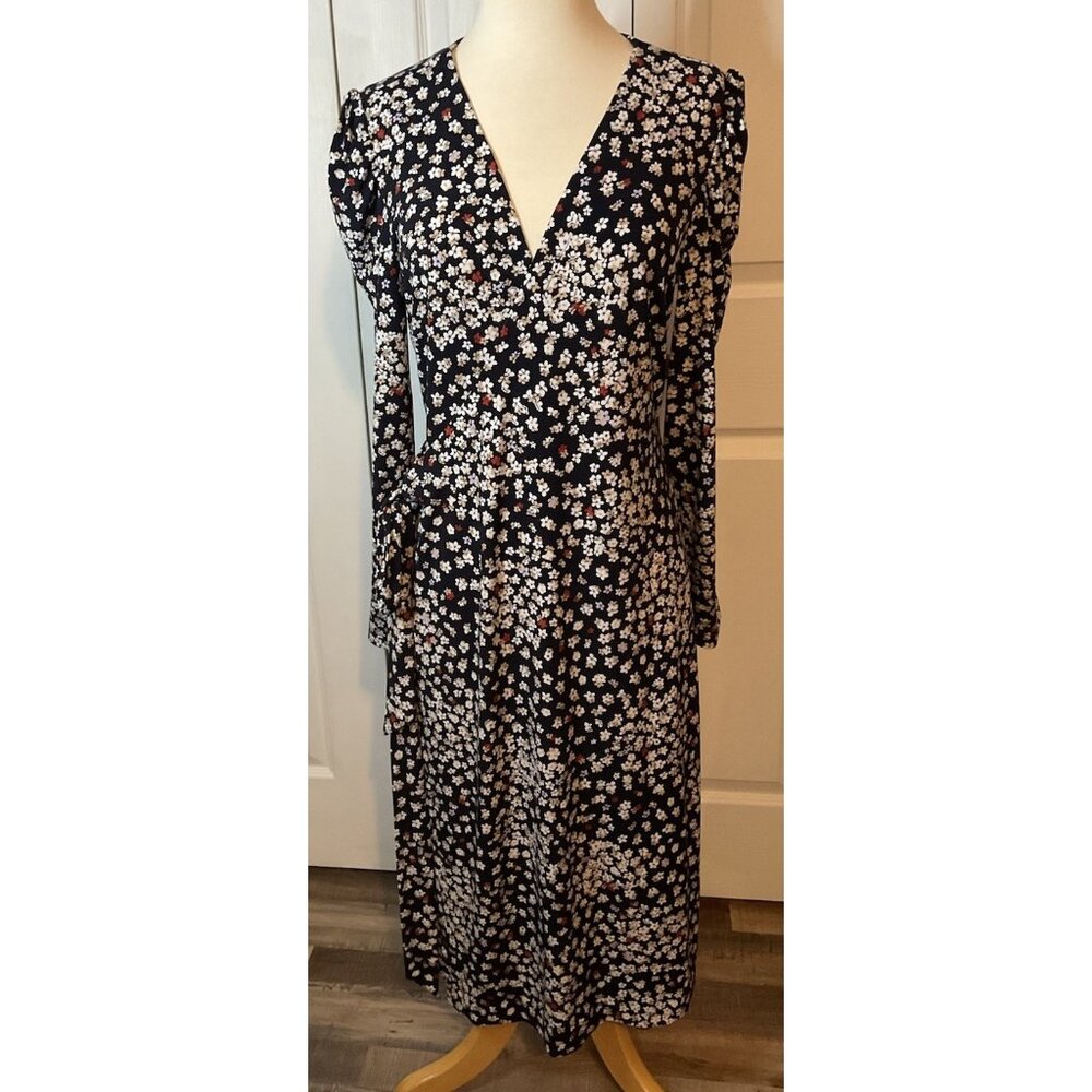 Ann‎ Taylor Black White Red Floral Wrap Midi Dress Size 6 Medium